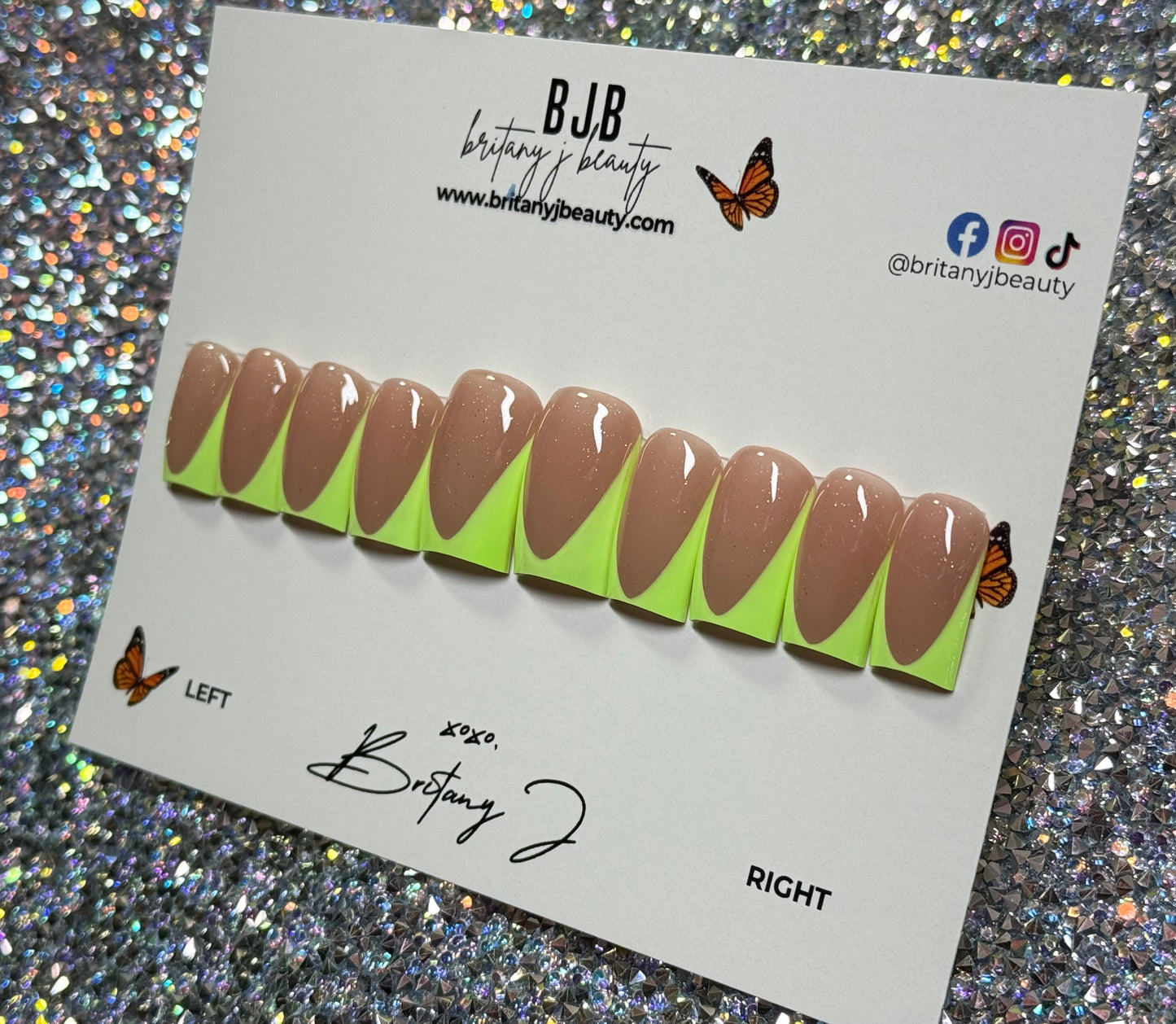 Neon Green Deep French Tip: Smedium Length 90’s Curve w/Mooncut - Size Large (RTS)