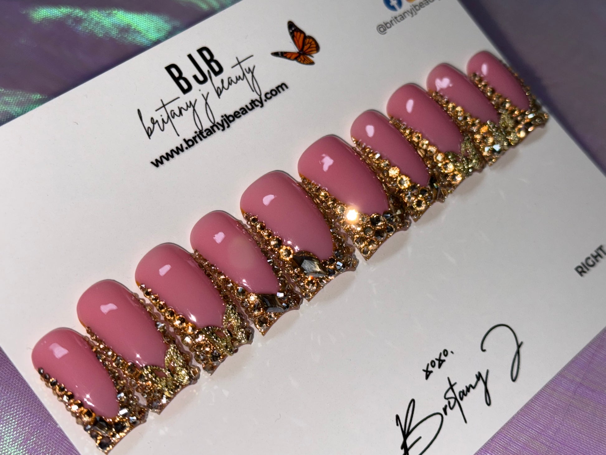 Bling French Tip luxury press-on nails with rhinestone accents