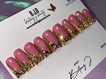 Bling French Tip luxury press-on nails with rhinestone accents