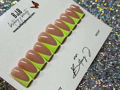 Neon Green Deep French Tip: Smedium Length 90’s Curve w/Mooncut - Size Large (RTS)
