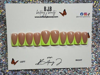 Neon Green Deep French Tip: Smedium Length 90’s Curve w/Mooncut - Size Large (RTS)